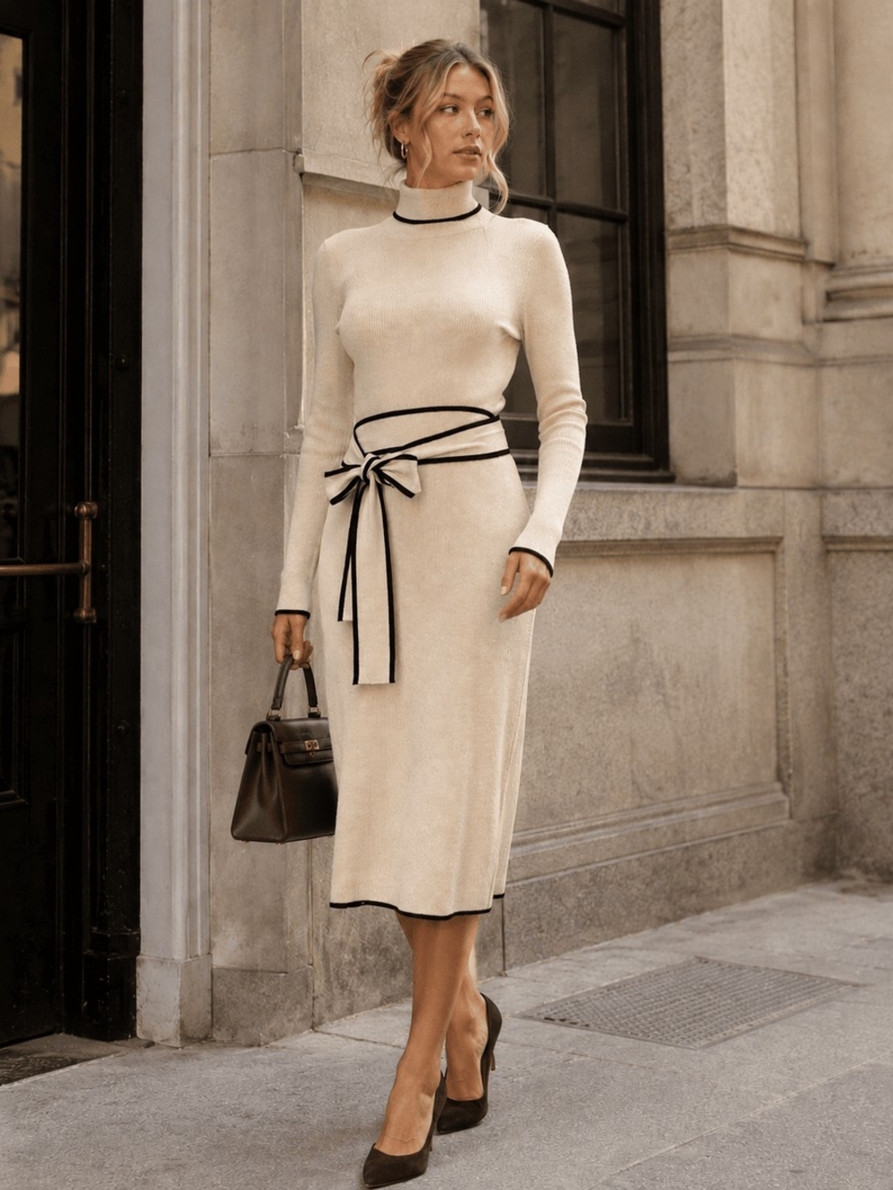 Cream Long-Sleeve Knit Midi Dress with Contrast Trim